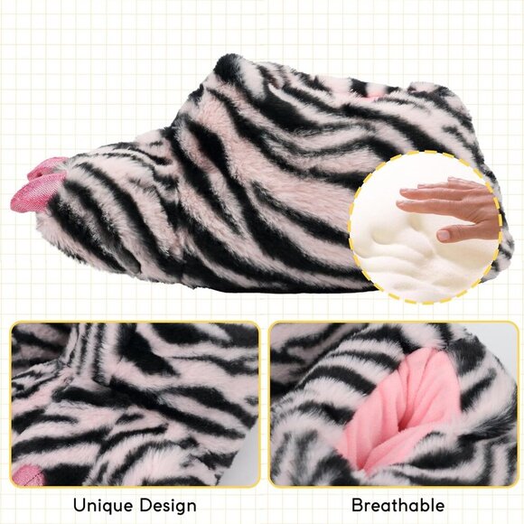 Women Plush Animal Paw Slippers Faux Fur Cozy Memory Foam Non-Slip Gift - Picture 3 of 5